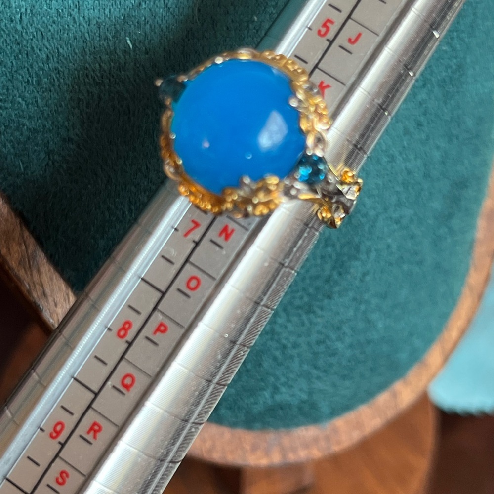 925 Silver w/ 18k overlay Blue Chalcedony w/Blue Topaz Accents Dome Ring Sz 7 - Picture 5 of 6